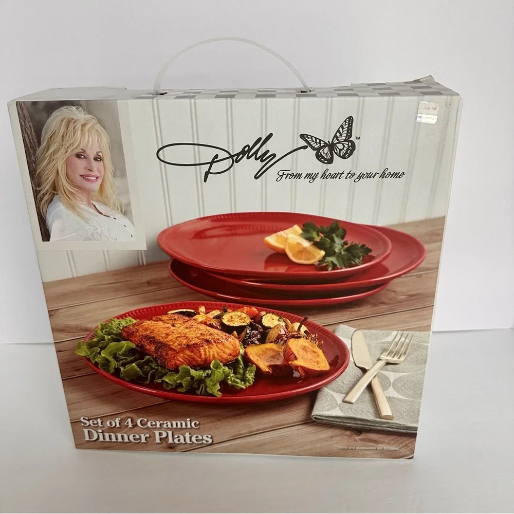Dolly Parton Iconic Ceramic Dinner Plates Red 11” Round Coupe Set 4 New In Box